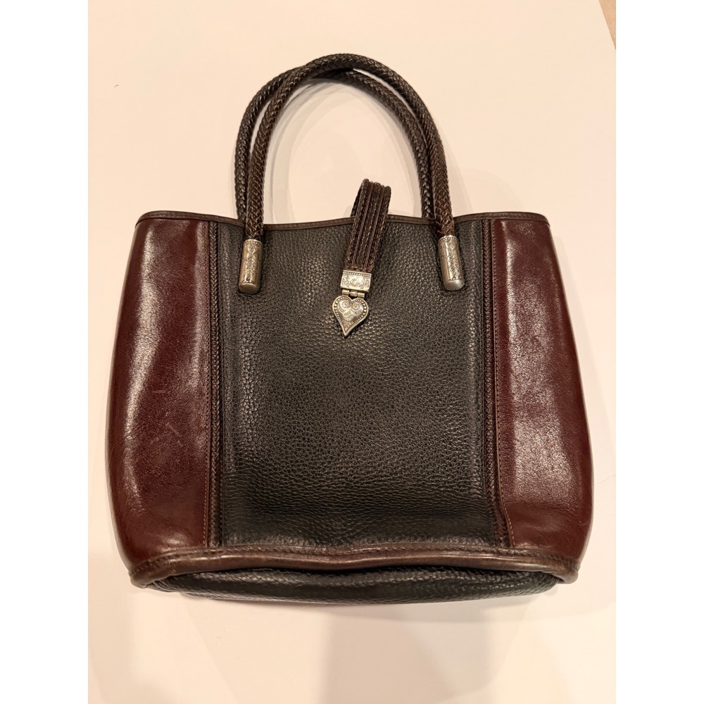 Brighton Gigi Bucket Bag Black‎ Brown Leather Braided Handles Heart Charm Purse